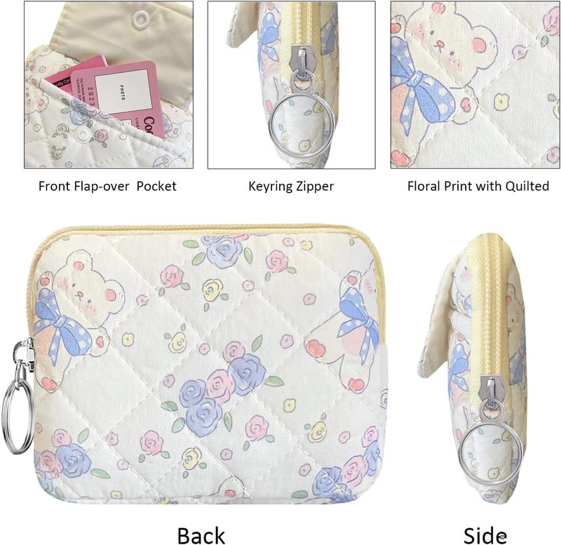 Modacarry Store Cotton Quilted Floral Coin Pouch with Cute Prints Zipper for Women Girls (ROSE BEAR) - Image 4